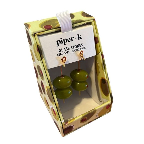 Piper.K Double Drop Green Glass Martini Olive Earrings. - Picture 2 of 6